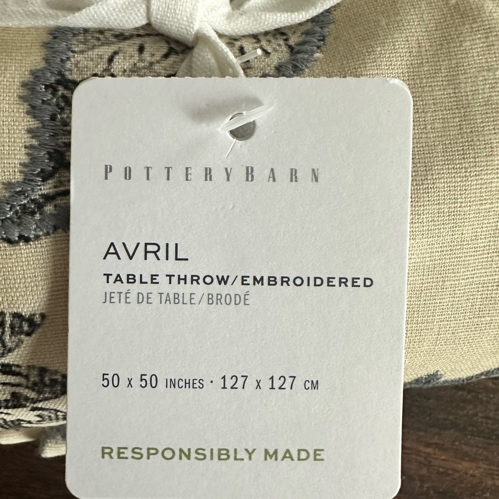 Pottery Barn Cream and Blue Embroidered Table Throw